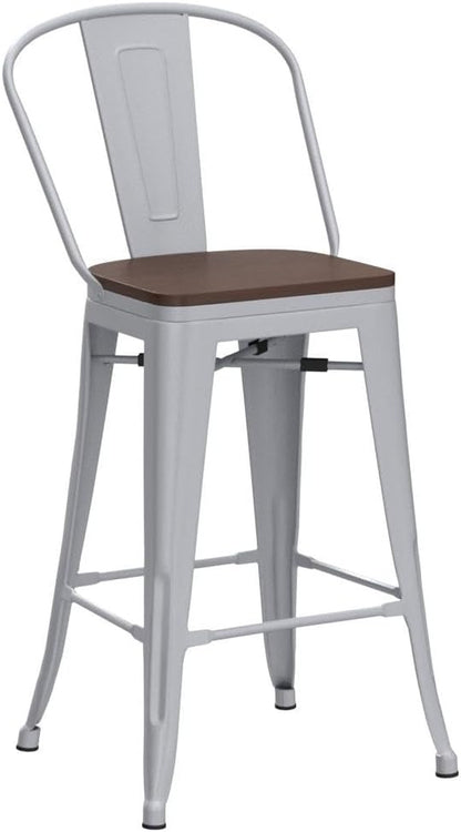 Set of 4 Metal Bar Stools, 24-Inch Counter Height with Backs, Farmhouse Design, Larger Seat, High Back Kitchen Dining Chairs, Modern Silver Bar Chairs