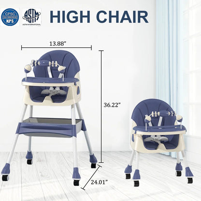 Adjustable 4-in-1 Baby Highchair and Convertible Toddler Dining Chair with 5-Point Safety Harness and Removable Dinner Plate, Blue