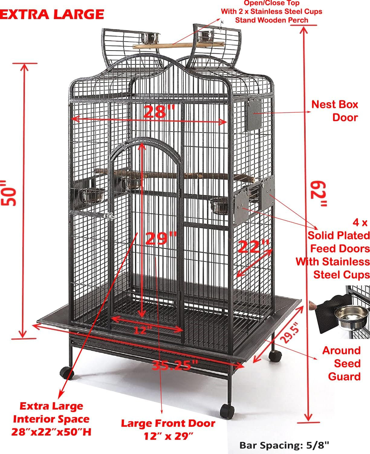 Extra Large Elegant Open Dome Top with Play Wooden Perch Stand Bird Parrot Cage for Macaw Cockatoo African Grey (35.25 X 29.5 X 62H Inches, Black Vein)