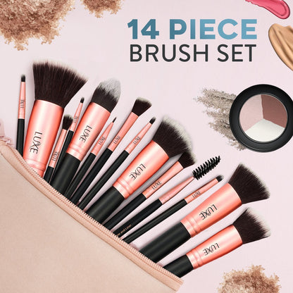 Premium Makeup Brushes Set for Face and Eye - Synthetic Brushes for Foundation, Powder, Blush, Eyeshadow - Brush Cleaning Solution Included - Perfect Make up Brushes Kit, Beauty Brush Set (14Pc)