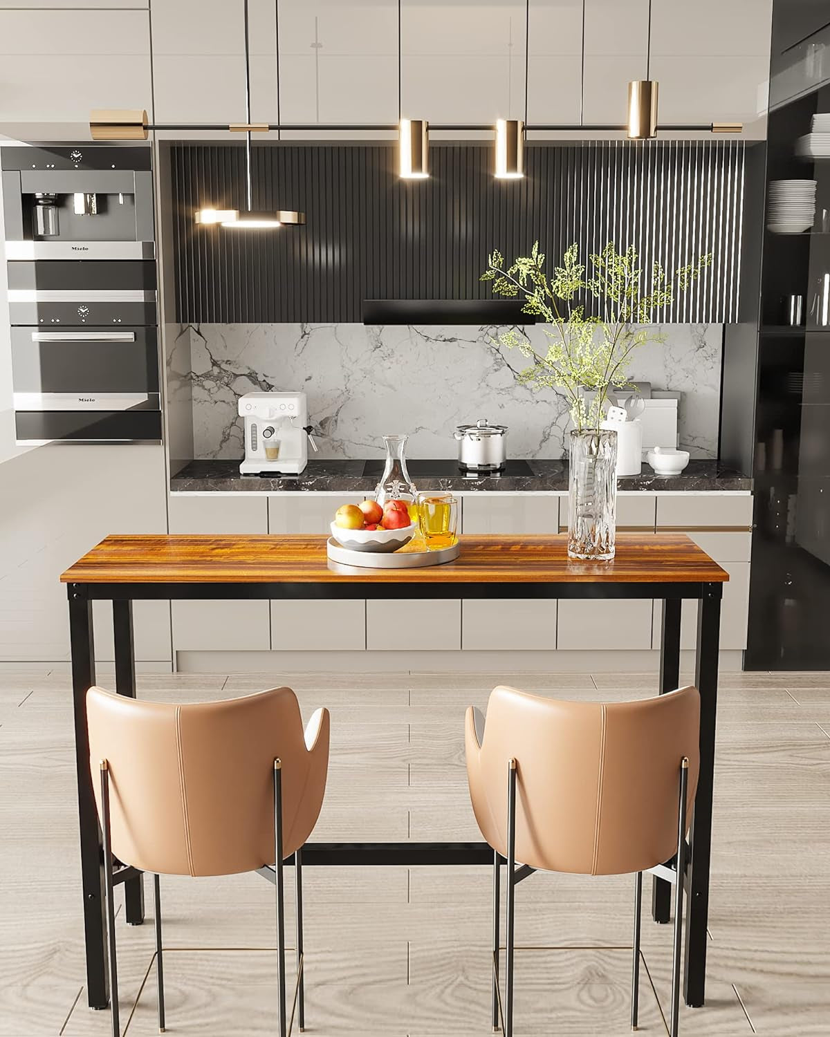 Rectangular Bar Height Pub Table with Sturdy Metal Frame, 47.24" Teak Finish for Kitchen, Dining, and Living Room