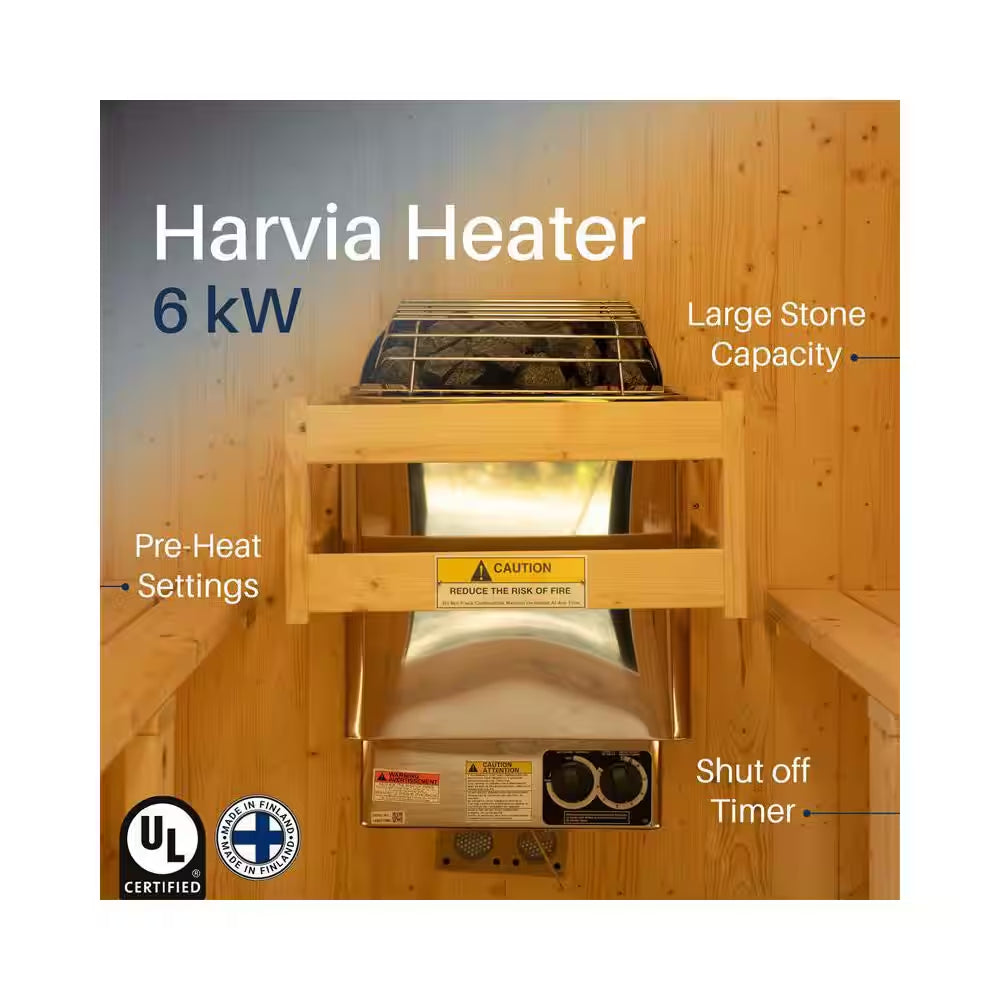 Finland Pine Wet/Dry Barrel Sauna for 3-5 Persons with Front Porch Canopy and 4.5 kW ETL Certified Bitumen Shingle Roof