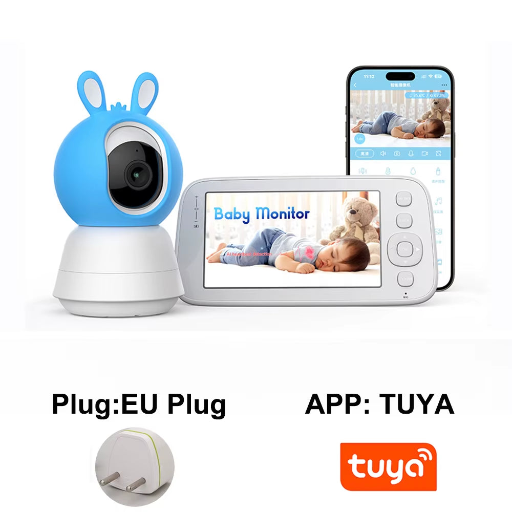 2K 4MP Tuya Smart Baby Monitor with 5-Inch Portable Display, Remote App Control, Cry Detection, Auto Night Vision, and Nanny Features