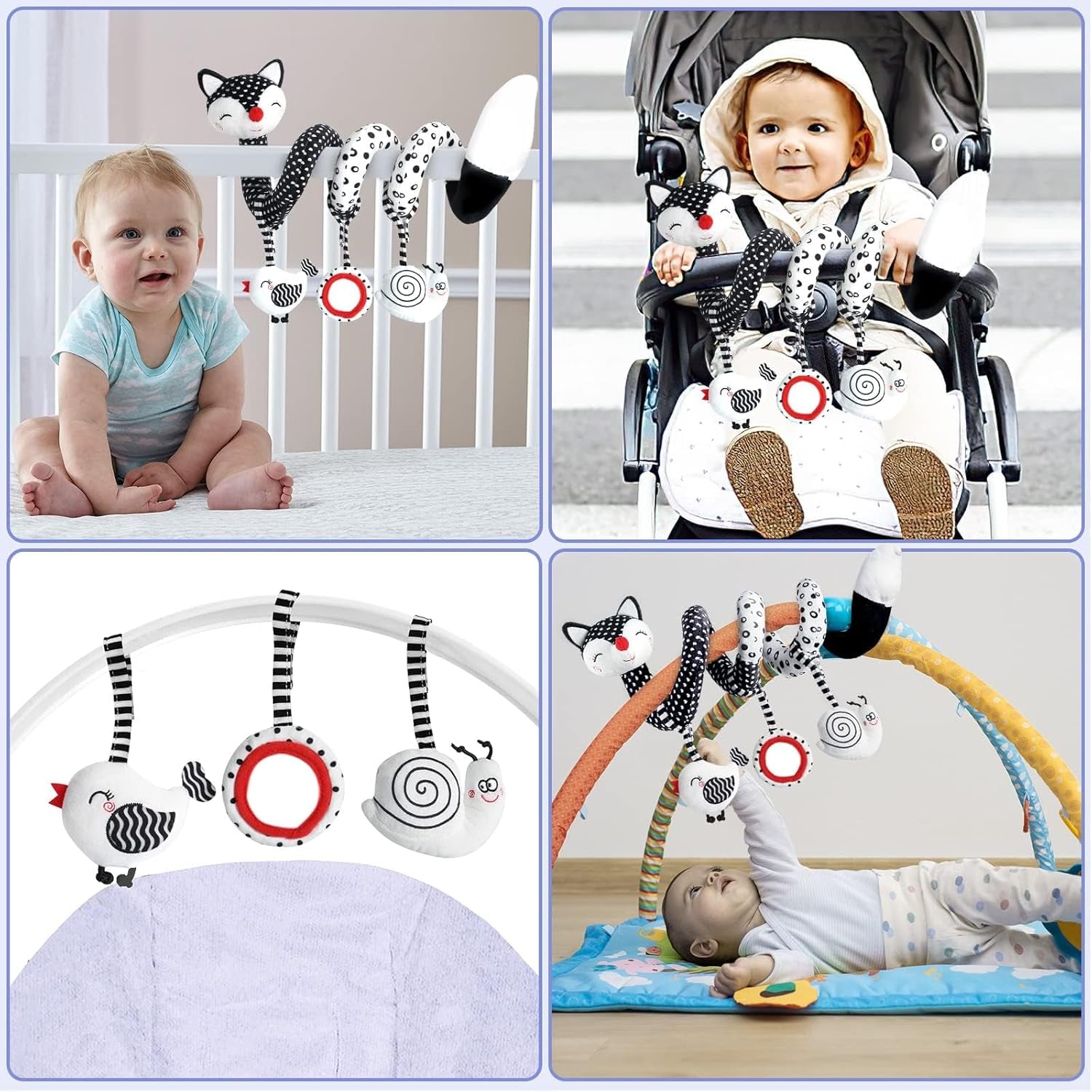 High Contrast Black and White Plush Spiral Toys for Infants, Ideal Sensory Car Seat and Stroller Accessories for Newborns 0-12 Months