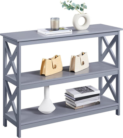Gray Console Table with Three Storage Shelves - Slim Entryway and Sofa Side Table for Hallway and Living Room Accent Furniture