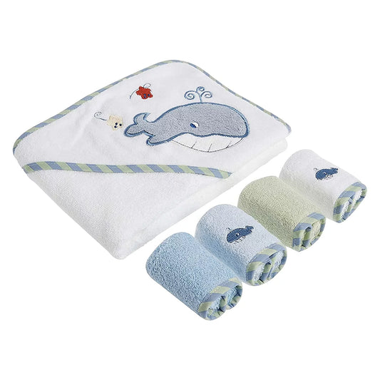 Infant Cotton Terry Hooded Towel and Washcloth Bath Set, 5-Piece, Blue Whale Theme