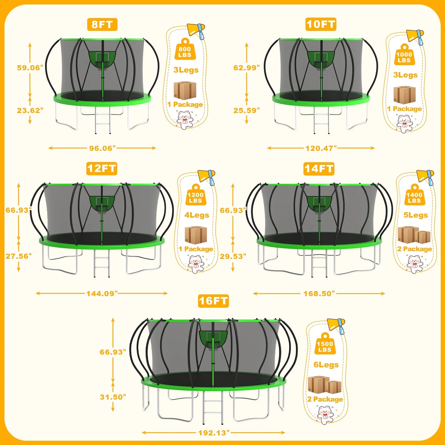 Trampoline, 1200LBS 12FT Trampoline for 1-2 Adults/ 4-5 Kids, Trampoline with Enclosure Net, Basketball Hoop, Ladder, Light, Sprinkler, Backyard Outdoor Heavy Duty Trampoline, No Gap Design