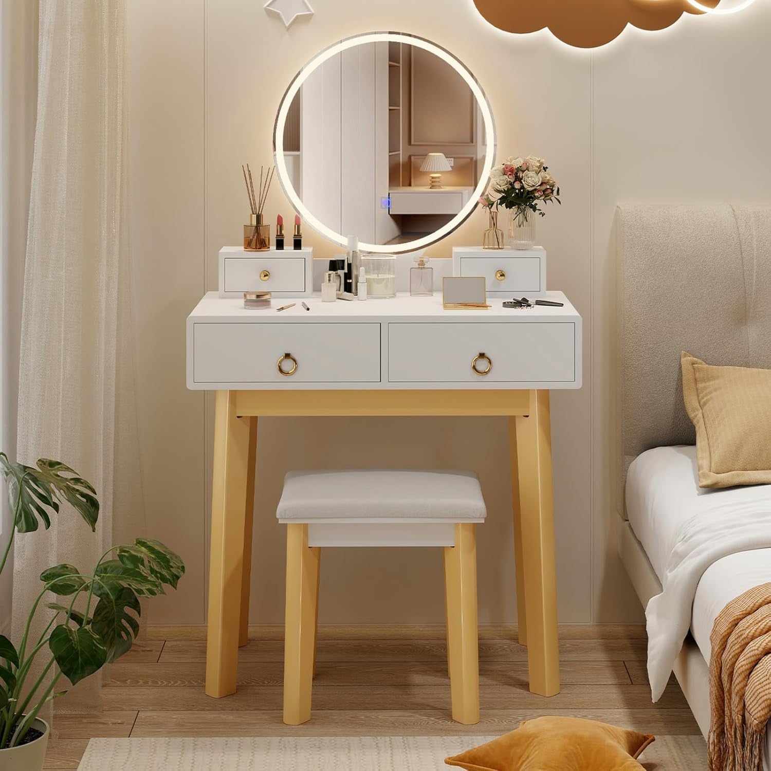 Modern White Vanity Desk with Mirror and Adjustable Lighting, Featuring 4 Drawers and Stool for Small Bedrooms