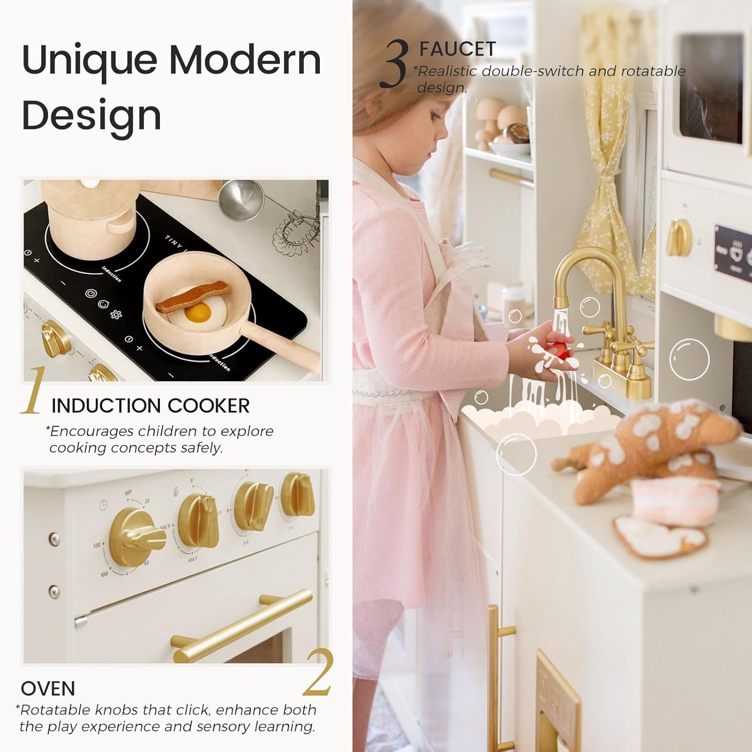 Contemporary Wooden Play Kitchen Set for Children with Enhanced Features and Elegant Design, Ideal Gift for Ages 3 and Up