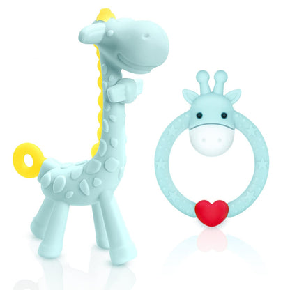 BPA-Free Silicone Giraffe Baby Teether Toy with Storage Case - Designed for Infants 3 Months and Older for Sore Gums Relief - Ideal Baby Shower Gift (Blue)