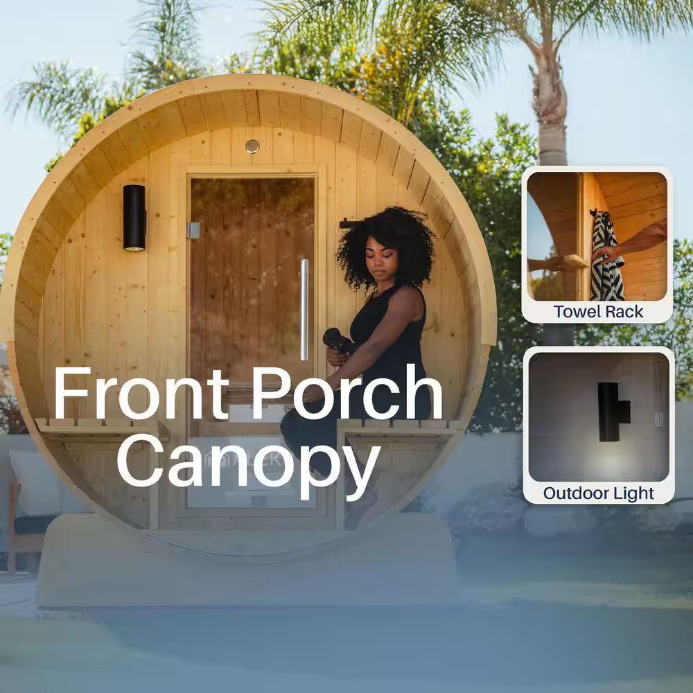 Finland Pine Wet/Dry Barrel Sauna for 3-5 Persons with Front Porch Canopy and 4.5 kW ETL Certified Bitumen Shingle Roof