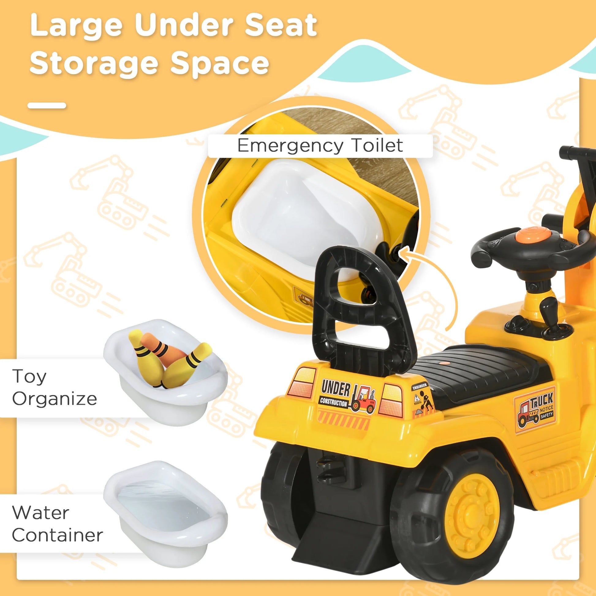 3-in-1 Ride-On Toy Excavator Digger, Scooter, and Pulling Cart for Pretend Play Construction Activities