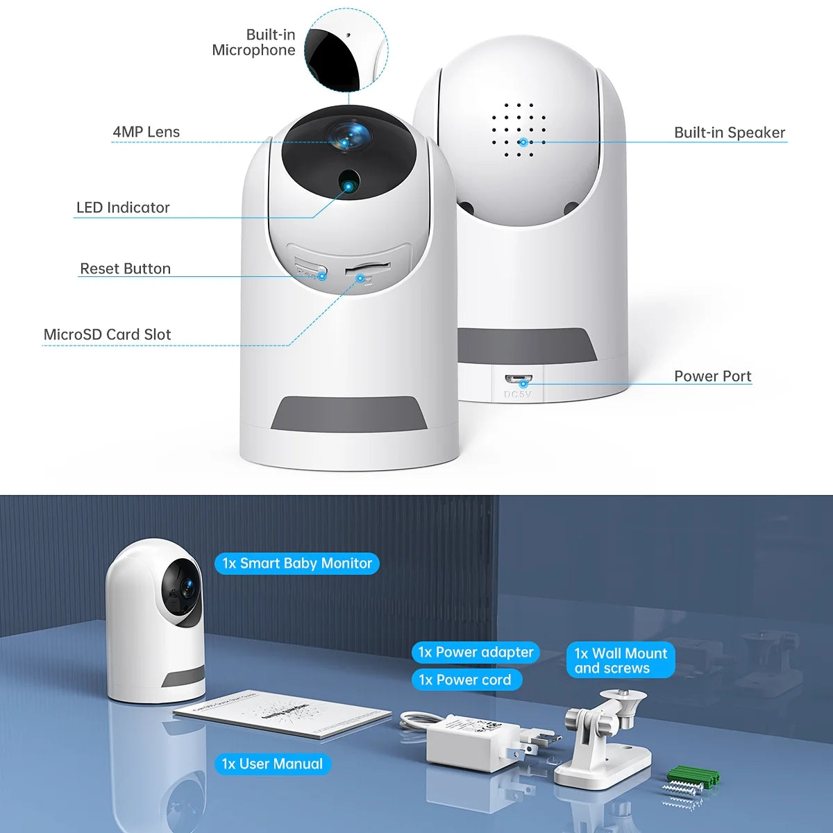 360° Wireless 5G Baby Monitor with Safety Alerts and 4MP HD Wi-Fi Camera for Human and Pet Detection, Complete Home Security System Featuring Two-Way Audio, Motion Tracking, and Infrared Night Vision
