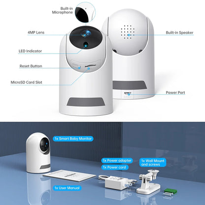 360° Wireless 5G Baby Monitor with Safety Alerts and 4MP HD Wi-Fi Camera for Human and Pet Detection, Complete Home Security System Featuring Two-Way Audio, Motion Tracking, and Infrared Night Vision