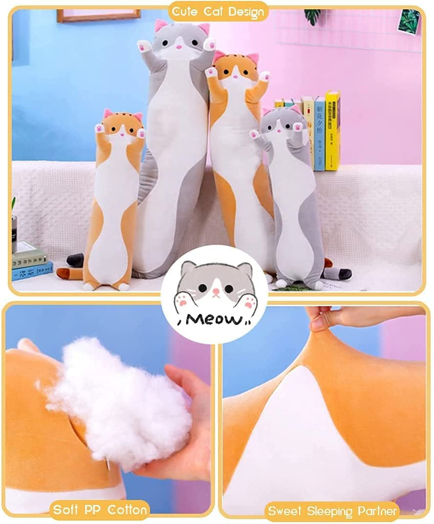 Long Body Cat Plush Pillow - Soft Cartoon Stuffed Animal Doll, Ideal Gift for Kids and Girls (Orange, 19")