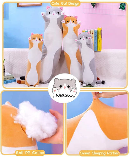 Long Body Cat Plush Pillow - Soft Cartoon Stuffed Animal Doll, Ideal Gift for Kids and Girls (Orange, 19")