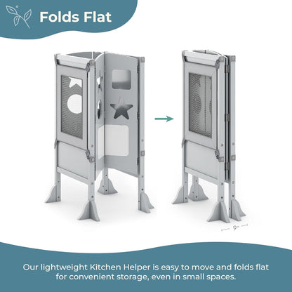 Classic Kitchen Helper® Toddler Tower - Gray: Folding and Adjustable Learning Step Stool with Chalkboard | Montessori Collapsible Safety Non-Slip Platform