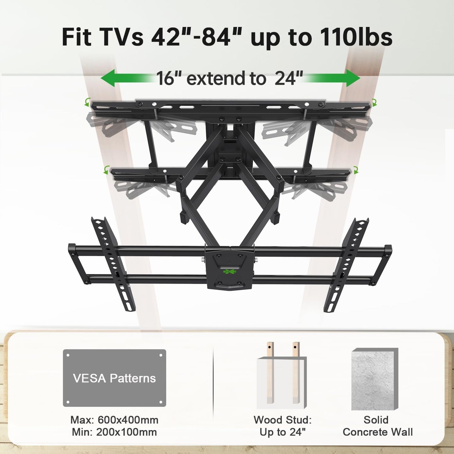 Full Motion TV Wall Mount 42"-84" TVS, Fits 16" 18" or 24" Studs, Heavy Duty TV Mounts Bracket with Dual Articulating Arms Tilt Swivel Extension Max VESA 600X400Mm, Weight Capacity 110Lbs