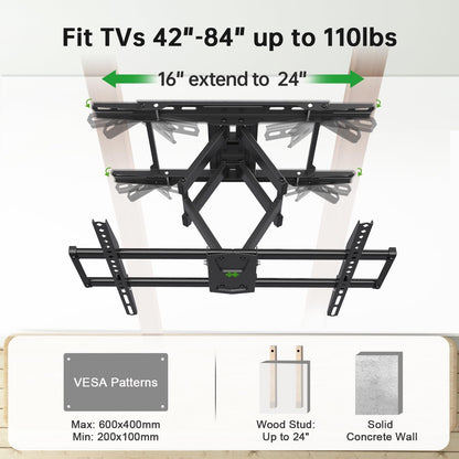 Full Motion TV Wall Mount 42"-84" TVS, Fits 16" 18" or 24" Studs, Heavy Duty TV Mounts Bracket with Dual Articulating Arms Tilt Swivel Extension Max VESA 600X400Mm, Weight Capacity 110Lbs