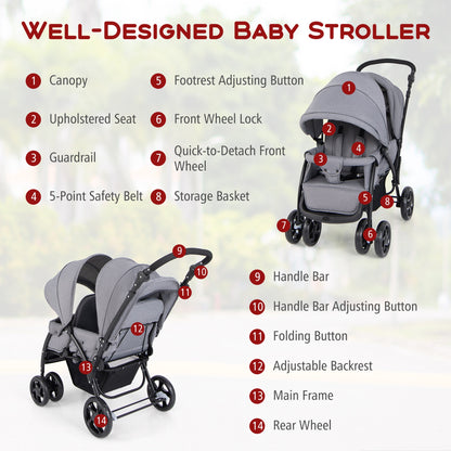 Lightweight Foldable Double Stroller for Infants - Grey Travel Pushchair