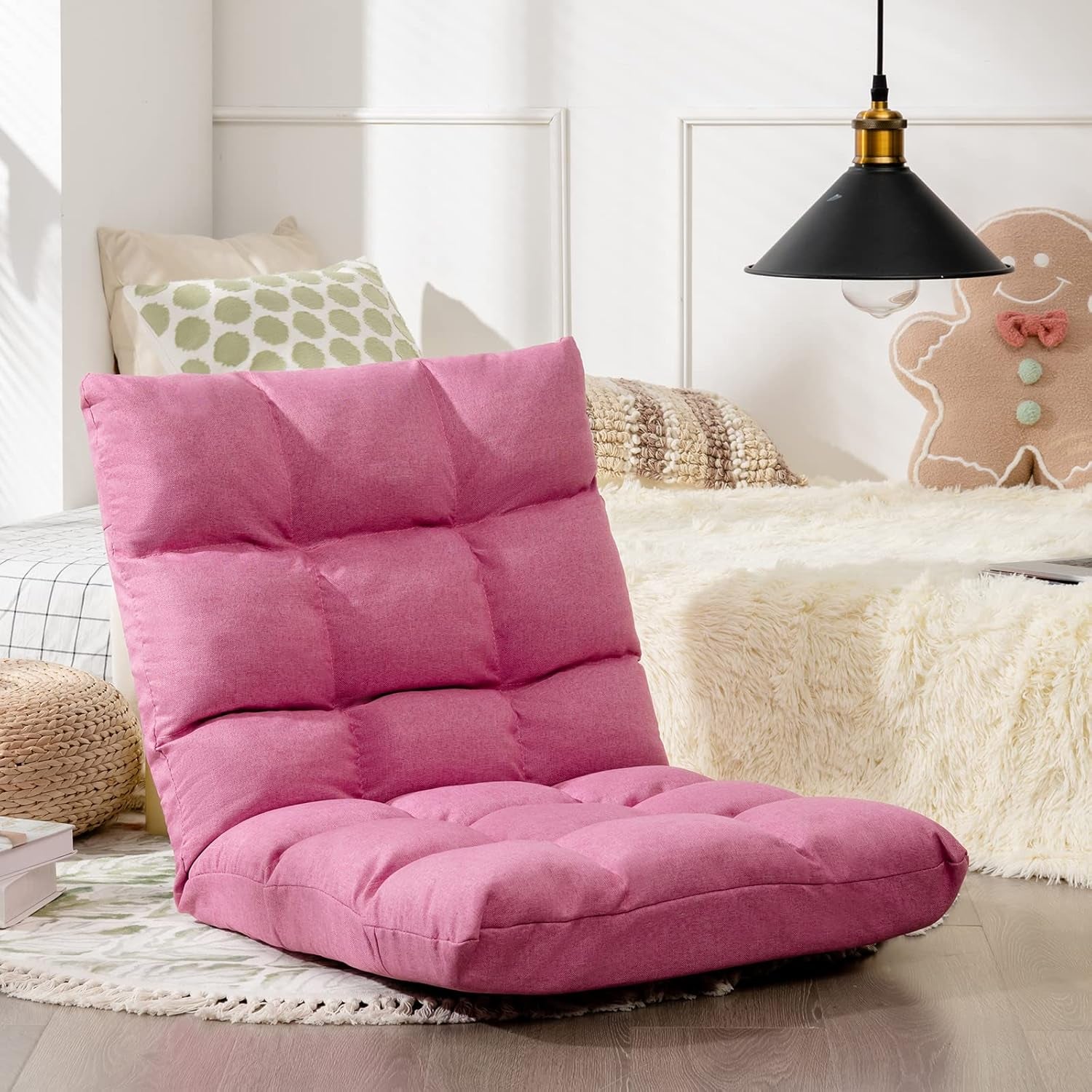 Adjustable 14-Position Gaming Sofa Chair with Cushioned Folding Recliner, High Resilience Sponge, Breathable Cotton and Linen Fabric, Removable Cover - Pink