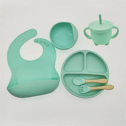 Children's Silicone Tableware Set - 6/8-Piece Dining Essentials with Suction Cups, Forks, Spoons, Bibs, Straws, and Cups for Mothers and Babies