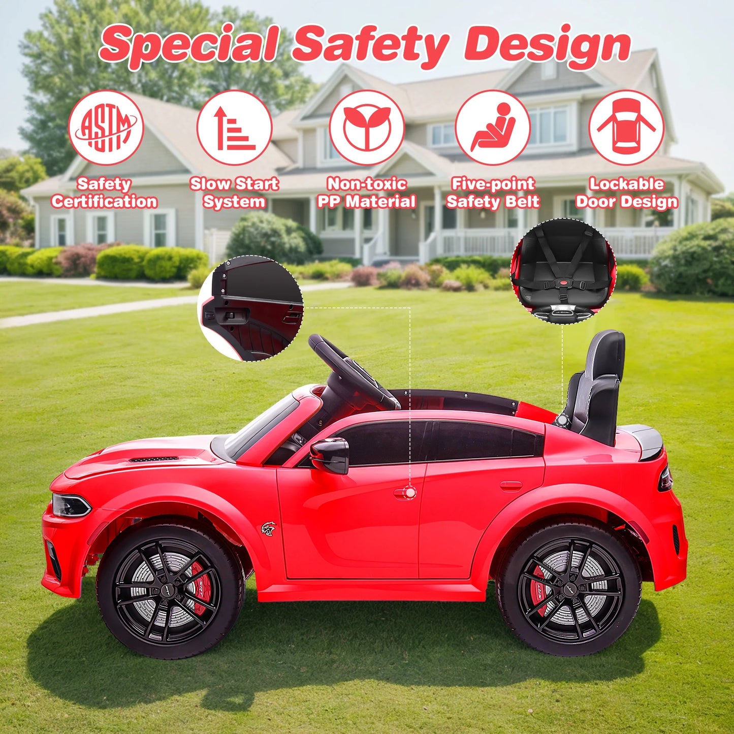 Dodge Licensed 12V Electric Ride-On Charger SRT Hellcat for Kids with Parental Remote Control, Music Player, and LED Lights - Red