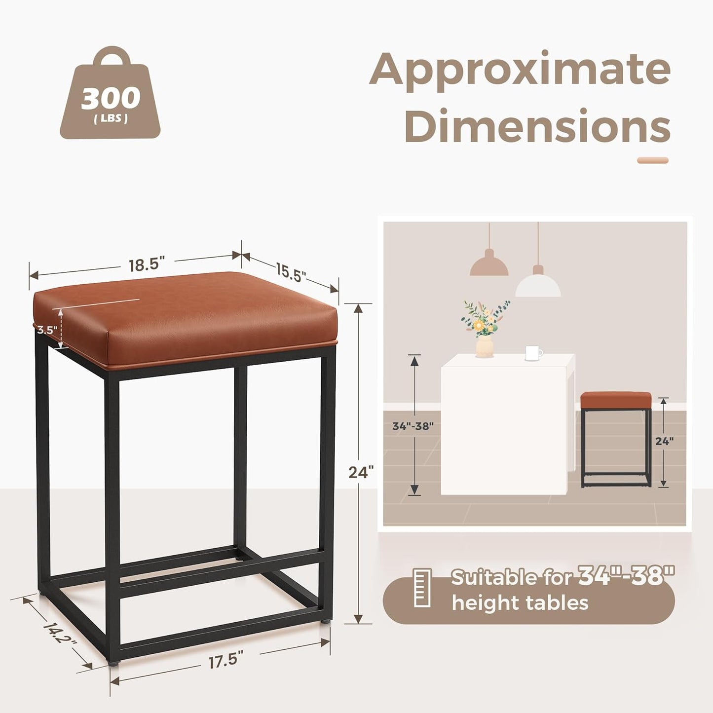 Set of 2 Modern 24" Backless Bar Stools for Kitchen Counter - Industrial Upholstered Faux Leather in Brown, Ideal for Farmhouse Islands