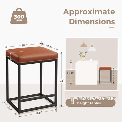 Set of 2 Modern 24" Backless Bar Stools for Kitchen Counter - Industrial Upholstered Faux Leather in Brown, Ideal for Farmhouse Islands