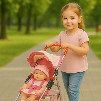 Elegant Doll Stroller with Basket - Pink and Off-White Foldable Stroller for Dolls up to 18 Inches, Featuring Two Complimentary Magic Bottles