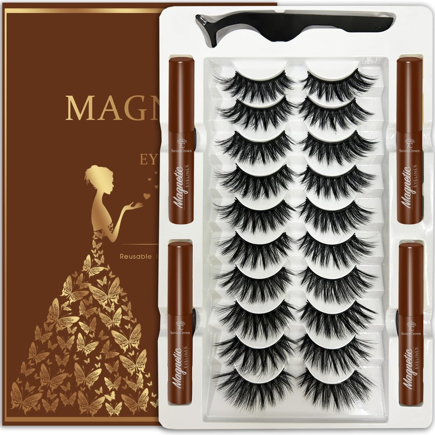 Magnetic Eyelashes with Eyeliner, Cat-Eye Magnetic Lashes Kit with Applicator,Most Natural Looking,Reusable Fake Eye Lash, 4 Brown Strongest Waterproof Liquid Liner,