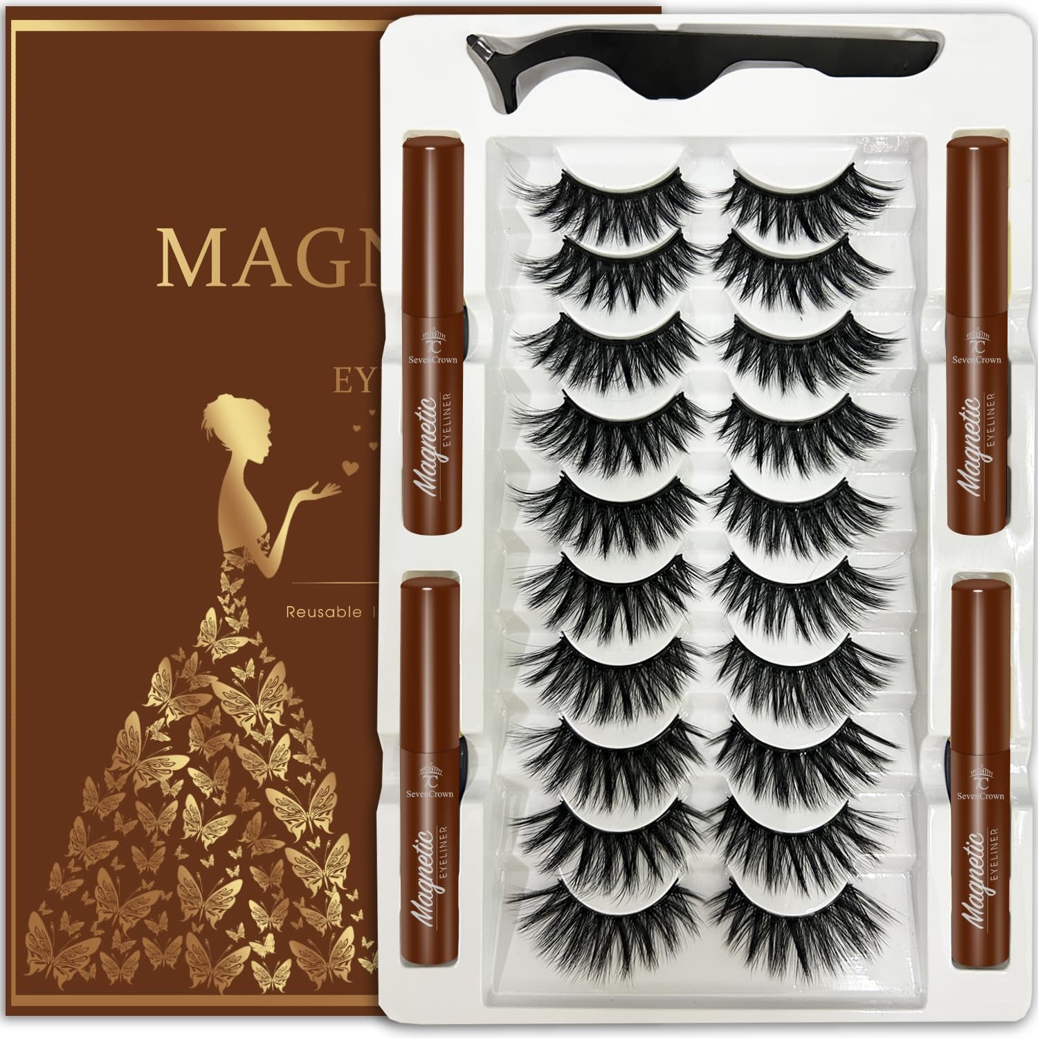 Magnetic Eyelashes with Eyeliner, Cat-Eye Magnetic Lashes Kit with Applicator,Most Natural Looking,Reusable Fake Eye Lash, 4 Brown Strongest Waterproof Liquid Liner,