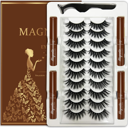 Magnetic Eyelashes with Eyeliner, Cat-Eye Magnetic Lashes Kit with Applicator,Most Natural Looking,Reusable Fake Eye Lash, 4 Brown Strongest Waterproof Liquid Liner,