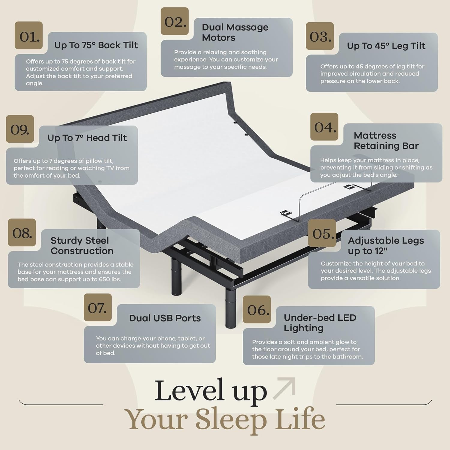 Harmony Adjustable Bed Base, Head and Foot Lift, Massage, Under-Bed Lights, USB, Memory, Zero Gravity Smart Frame - Full