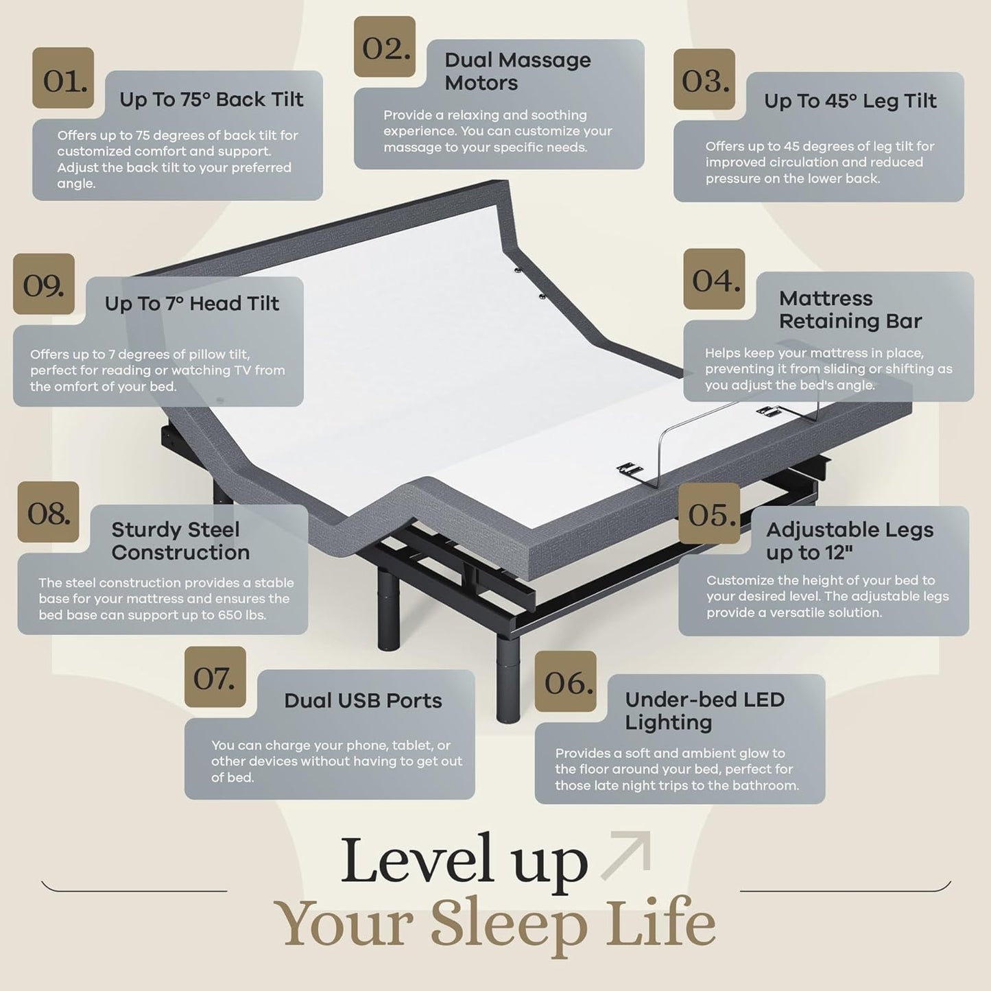 Harmony Adjustable Bed Base, Head and Foot Lift, Massage, Under-Bed Lights, USB, Memory, Zero Gravity Smart Frame - Queen