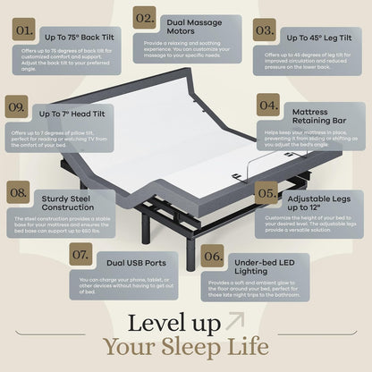 Harmony Adjustable Bed Base, Head and Foot Lift, Massage, Under-Bed Lights, USB, Memory, Zero Gravity Smart Frame - Queen