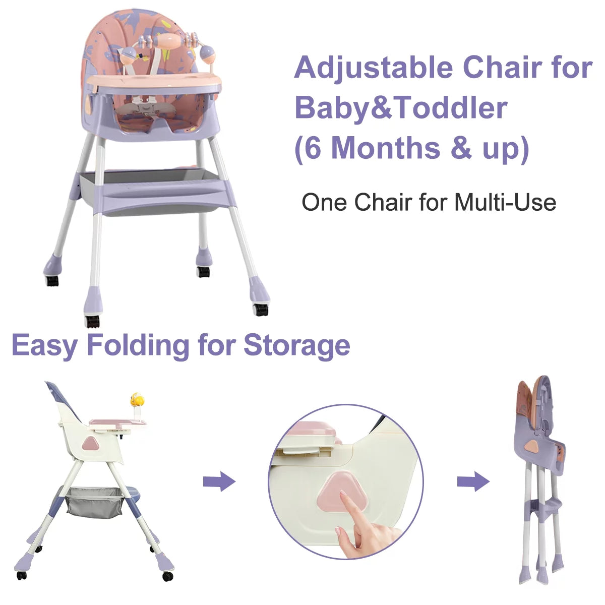 Convertible 4-in-1 Portable Baby High Chair with Five-Point Safety Harness, Dining Plate, and Toy Storage in Purple