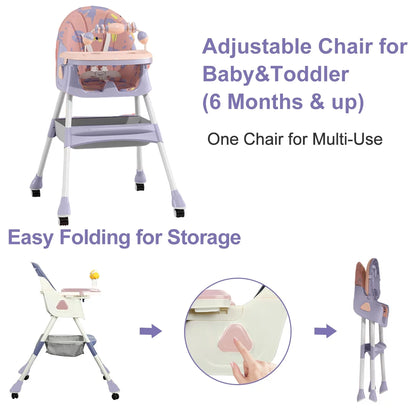 Convertible 4-in-1 Portable Baby High Chair with Five-Point Safety Harness, Dining Plate, and Toy Storage in Purple