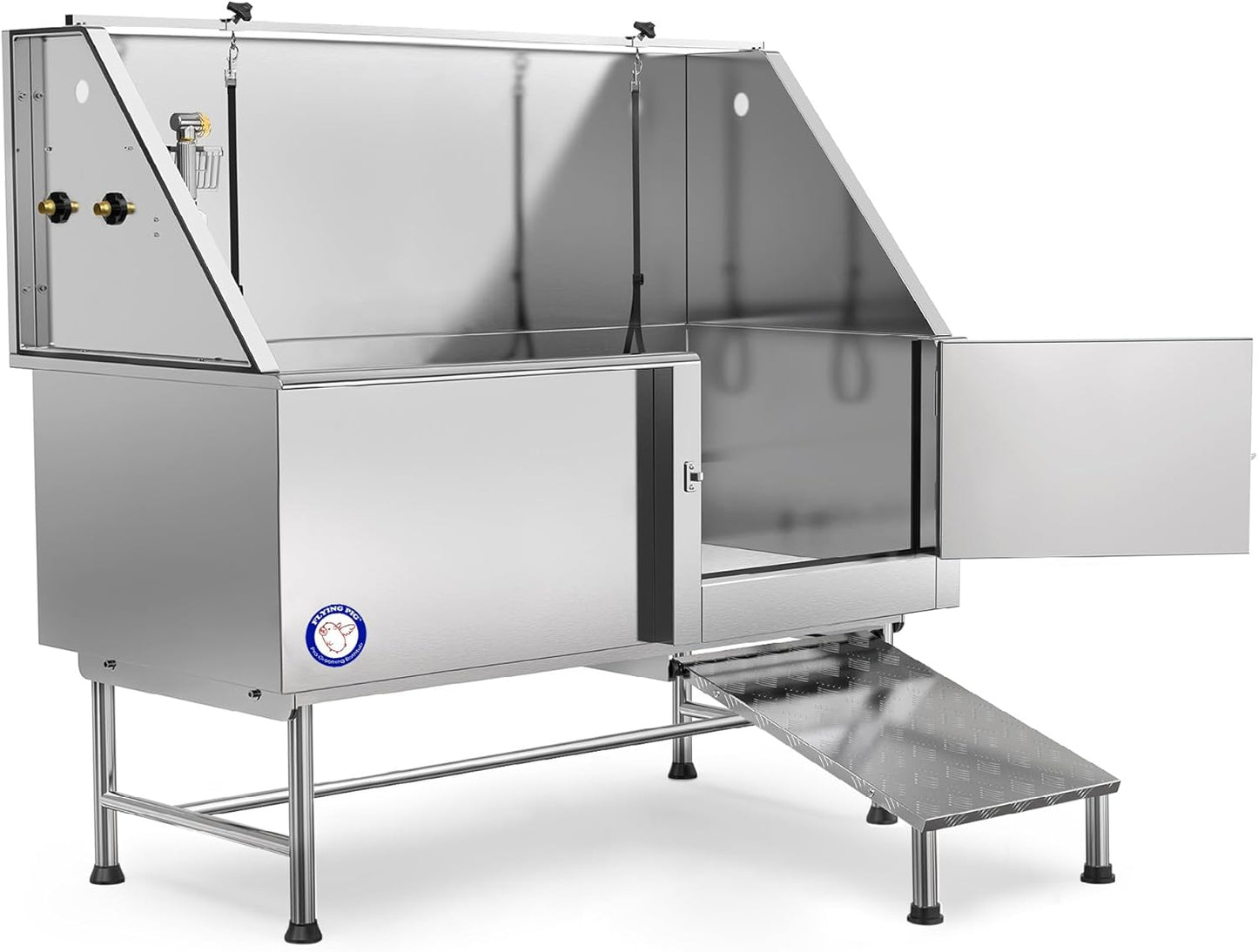 62-Inch Stainless Steel Pet Bathing Tub with Faucet (Right Door/Left Drain) - Dimensions: 62" x 27" x 58