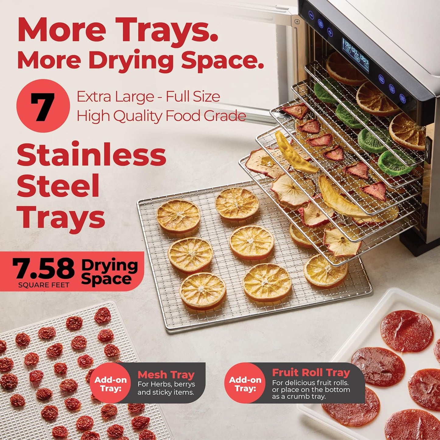 Pro Food Dehydrator Machine | 7 XL Stainless Steel Trays | Dryer for Jerky, Dog Treats, Herb, Meat, Beef, Fruit | Keep Warm Function, Digital Timer and Temperature Control, ETL Approved