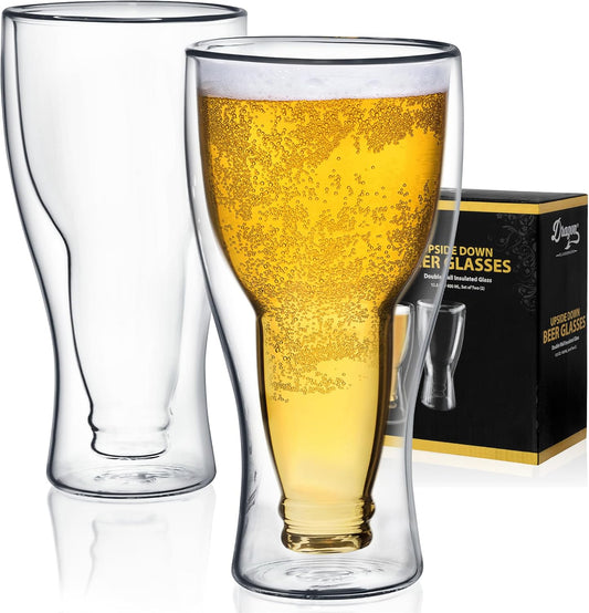 Beer Glasses - 13.5 Oz Clear Double Wall Insulated Beer Glass Set of 2 - Upside down Design - Holds One Full Bottle - Freezer Safe