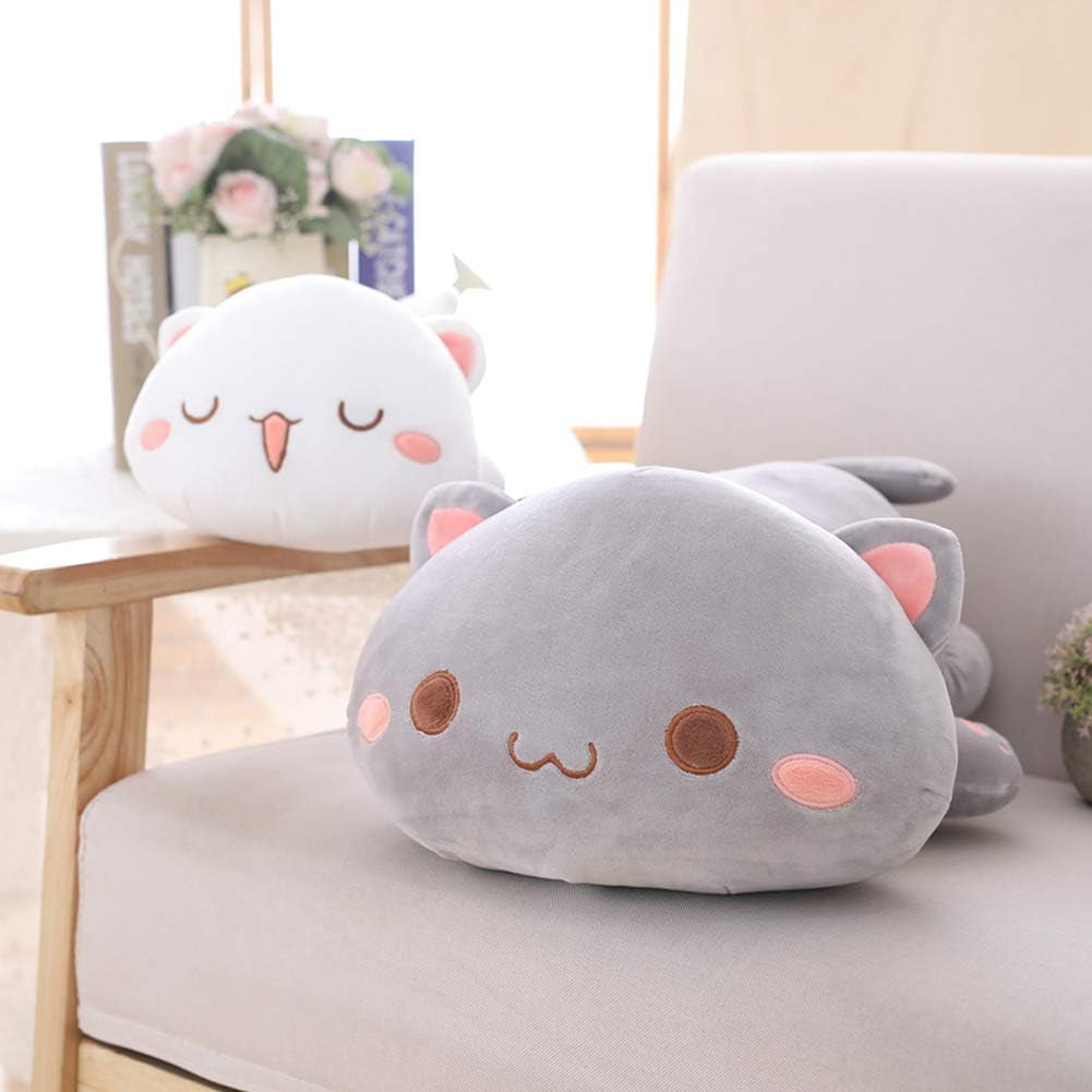 Soft Plush Cat Pillow Toy - 19.6" Kitten Stuffed Animal Gift for Kids (Grey with Round Eyes)