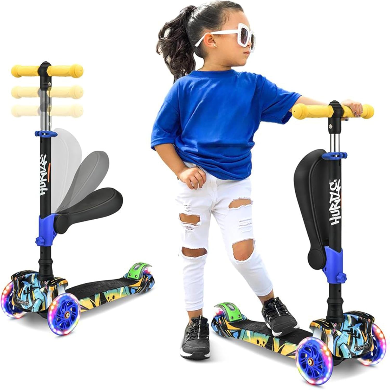 3-Wheeled Scooter for Children - LED Wheel Lights, Adjustable Lean-To-Steer Handlebar, and Foldable Seat - Versatile Ride Options with Brake for Ages 1-14
