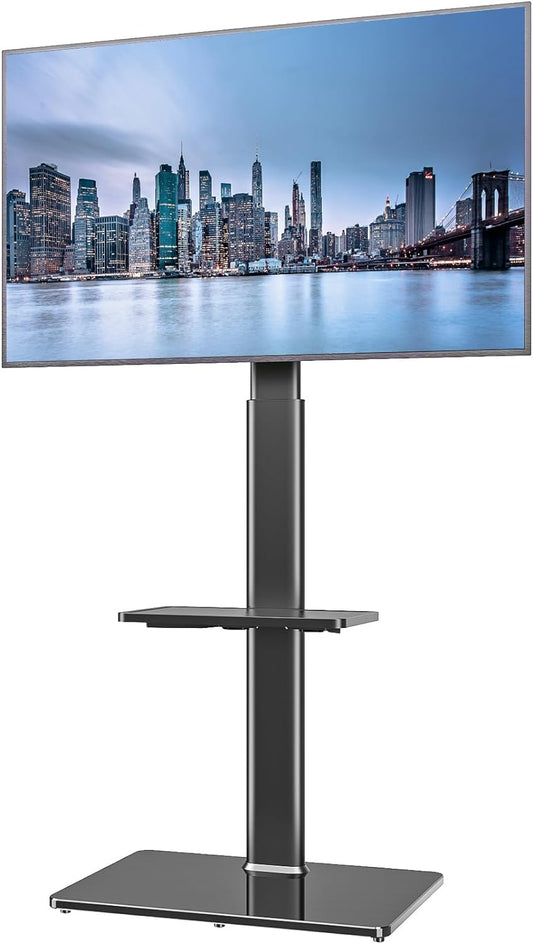 Universal Floor TV Stand with Mount for 19 to 43 Inch Flat Screen TVs, 100-Degree Swivel, Adjustable Height and Tilt, Space-Saving Design with Two Shelves for Bedroom and Living Room Corners