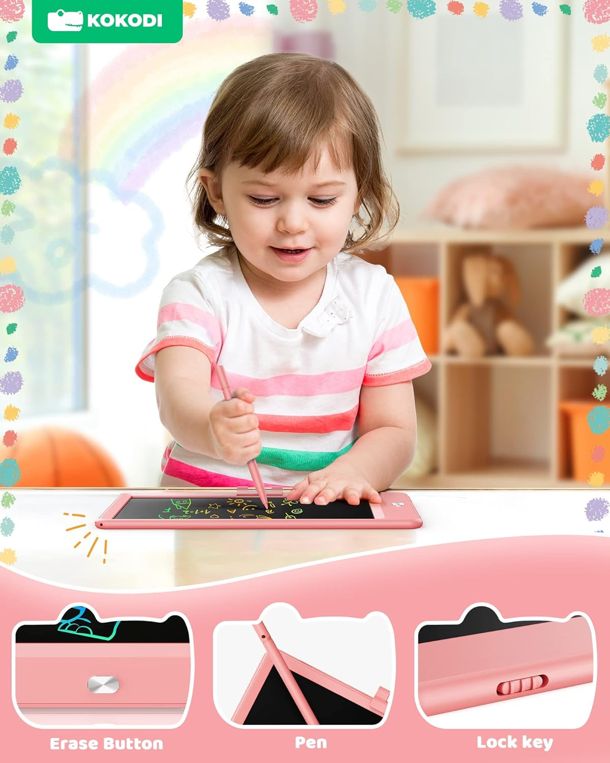 LCD Writing Tablet - 8.5 Inch Reusable Doodle Board for Children Aged 3-8, Educational Electronic Drawing Pad (Pink)