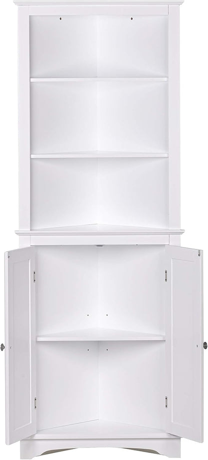 Freestanding Tall Corner Cabinet with Doors and Shelves for Bathroom, Kitchen, and Living Room in White