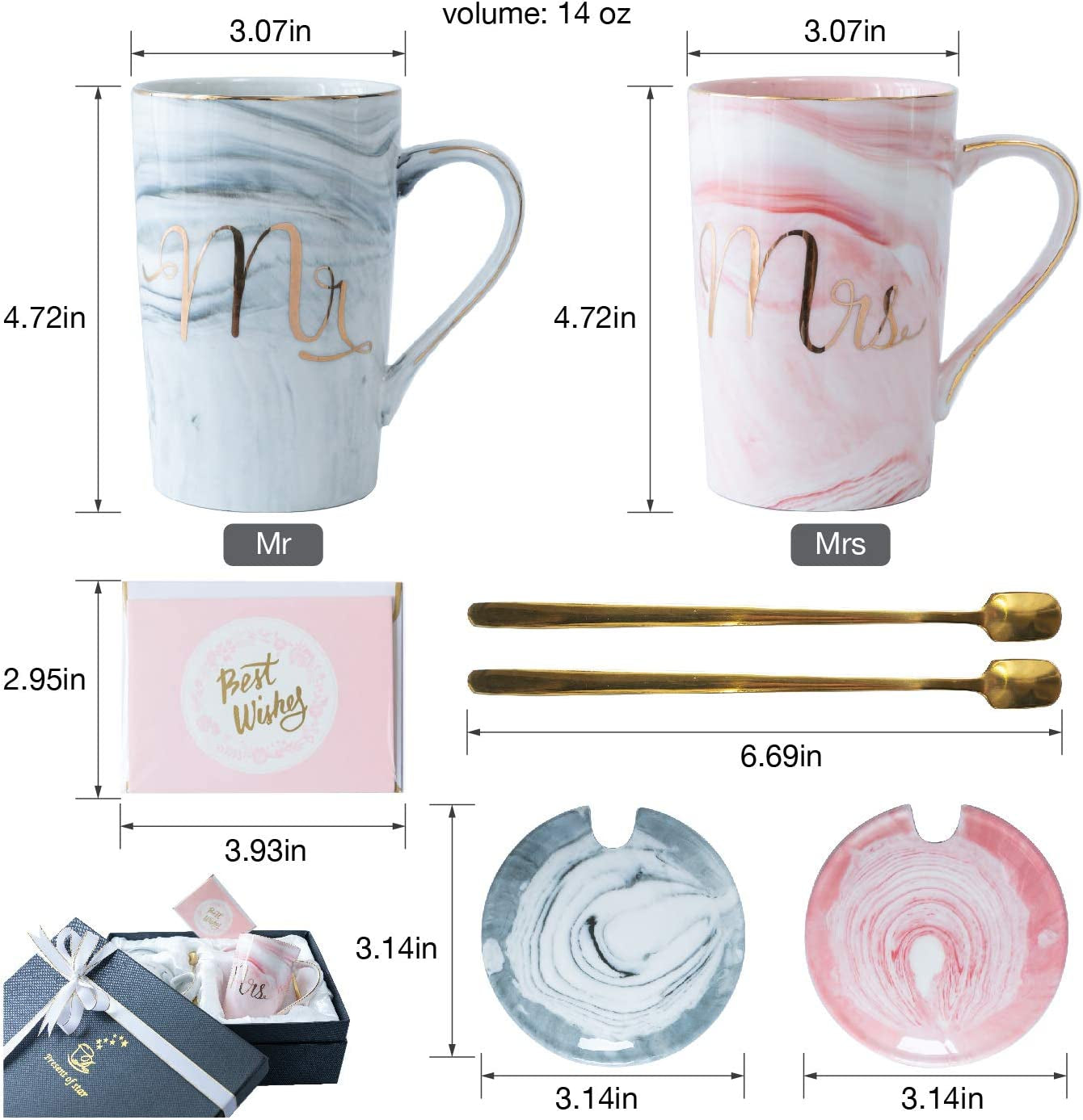 Mr and Mrs Coffee Mugs - Wedding Gifts for Bride and Groom - Gifts for Bridal Shower Engagement Wedding and Married Couples Anniversary - Ceramic Marble Cups 14 Oz Pink