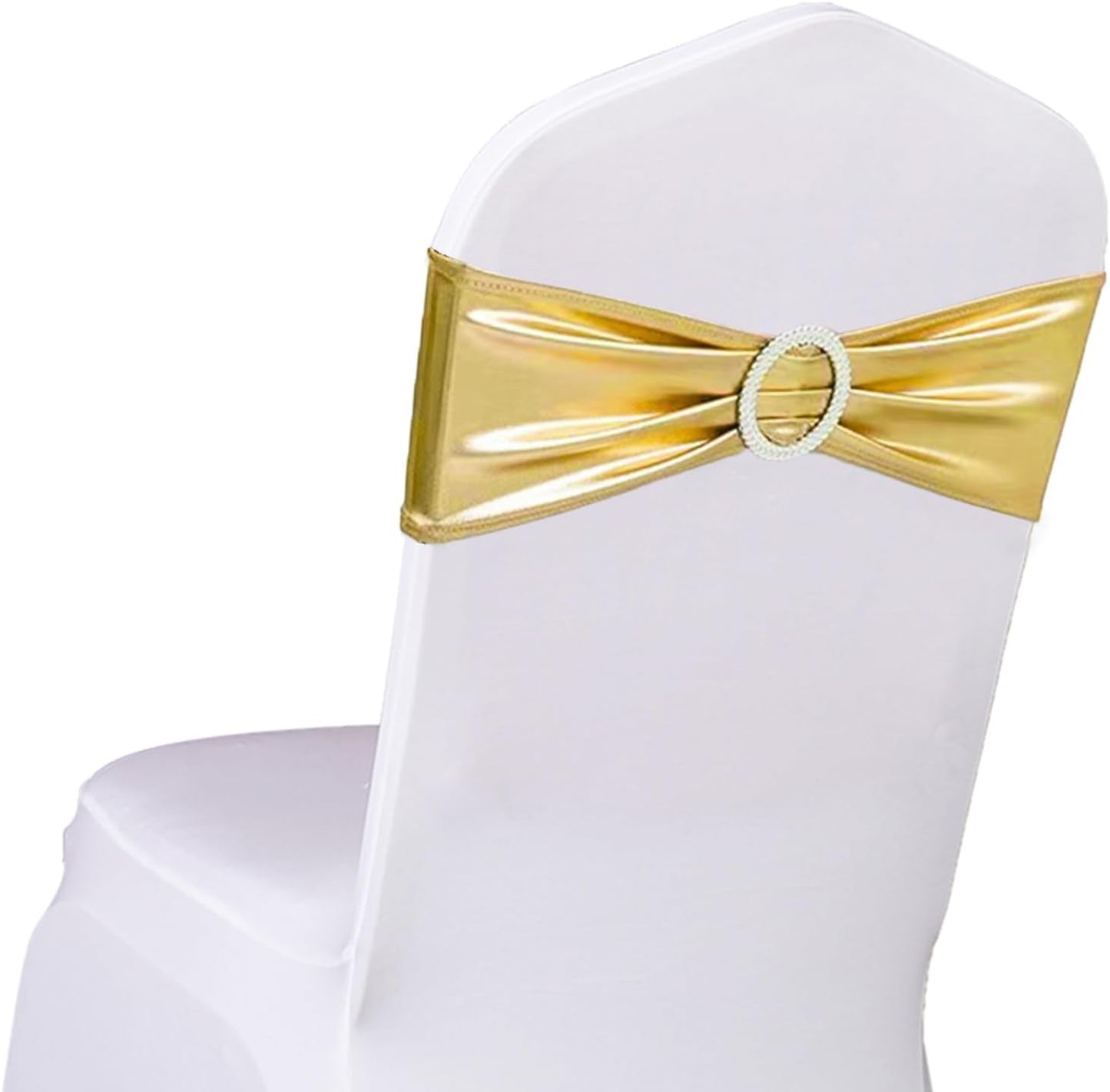 Pack of 50 Spandex Bronzing Gold Chair Sashes for Wedding Metal Gold Chairs Bows Bands Fitting Birthday Party Anniversary Bridal Shower Event Decorations