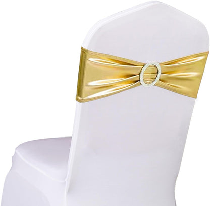 Pack of 50 Spandex Bronzing Gold Chair Sashes for Wedding Metal Gold Chairs Bows Bands Fitting Birthday Party Anniversary Bridal Shower Event Decorations