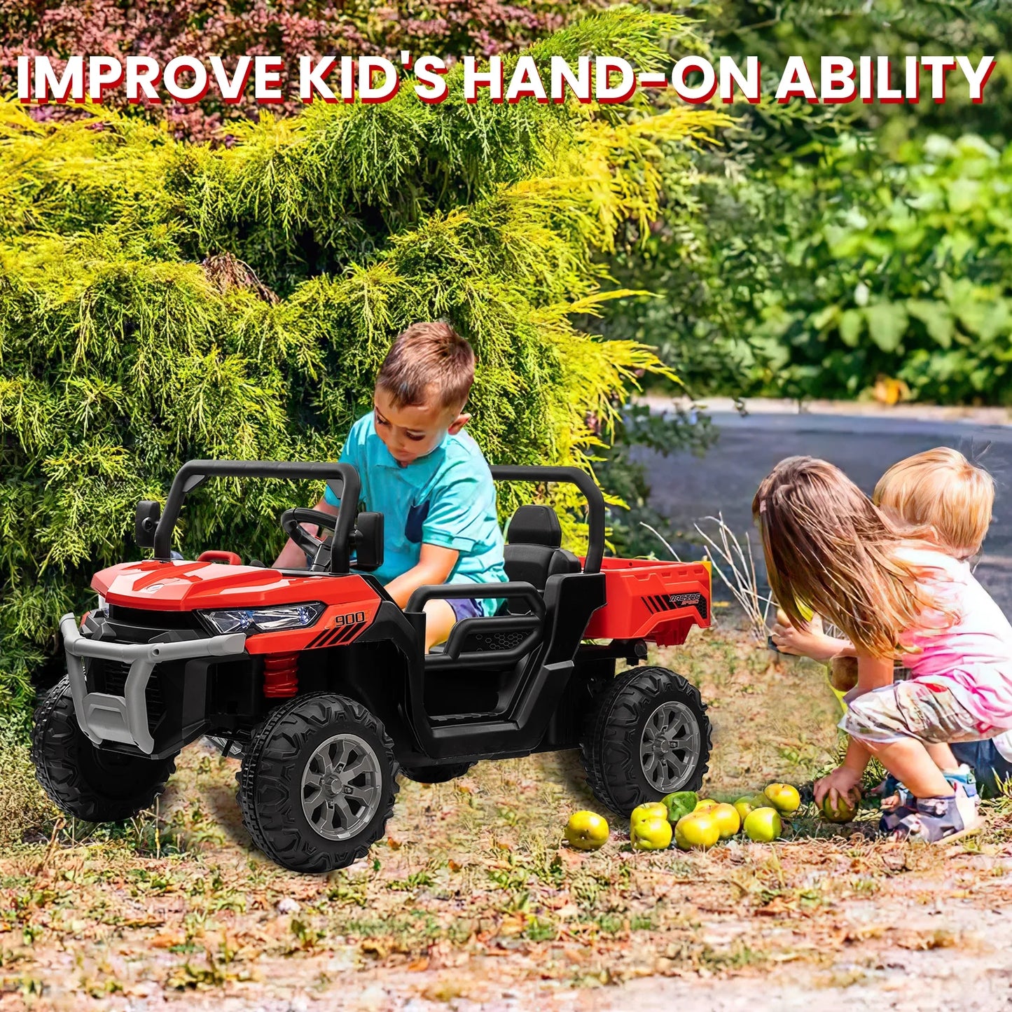 24 Volt Ride on Toys, 4WD Ride on Dump Truck for Kids, 2 Seater Ride on Car with Remote, Electric Power Car Wheels Toys with Trailer & Shovel, Mp3/Bluetooth Music, Red